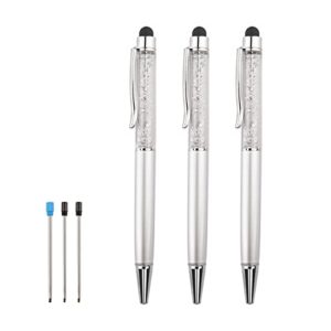 bling ballpoint pens crystal diamond pen capacitive touch screen stylus with replacement refills rubber tips for iphone ipad kindle touchscreen devices 3pcs writing pen (silver)