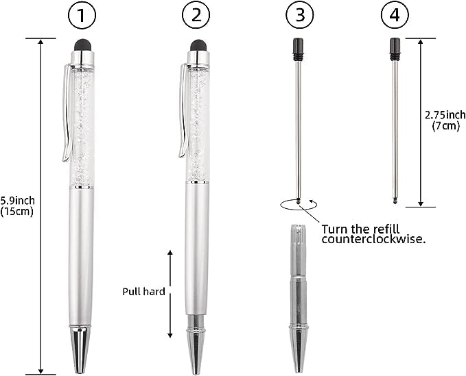 Bling Ballpoint Pens Crystal Diamond Pen Capacitive Touch Screen Stylus with Replacement Refills Rubber Tips for iPhone iPad Kindle Touchscreen Devices 3Pcs Writing Pen (Silver)