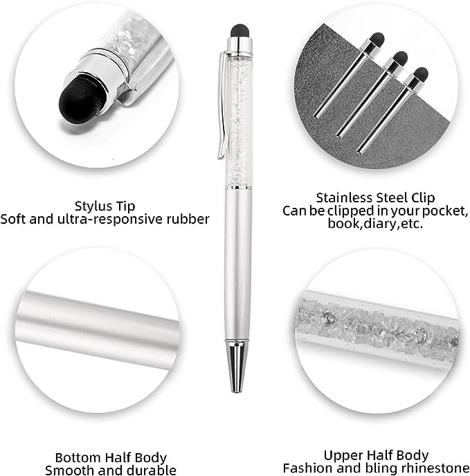 Bling Ballpoint Pens Crystal Diamond Pen Capacitive Touch Screen Stylus with Replacement Refills Rubber Tips for iPhone iPad Kindle Touchscreen Devices 3Pcs Writing Pen (Silver)