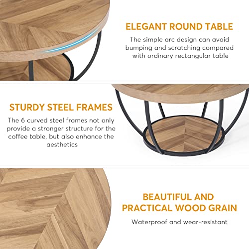 Tribesigns 31.7" Round Coffee Table, Industrial 2-Tier Circle Coffee Table with Storage Shelves, Modern Wooden Accent Center Table Sofa Side Table for Living Room, Home Office, Wooden Grain