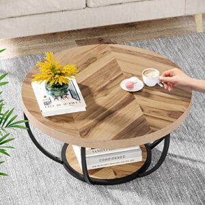 Tribesigns 31.7" Round Coffee Table, Industrial 2-Tier Circle Coffee Table with Storage Shelves, Modern Wooden Accent Center Table Sofa Side Table for Living Room, Home Office, Wooden Grain