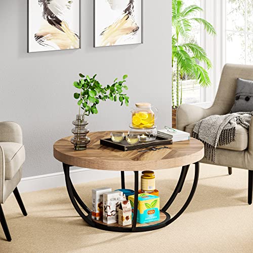 Tribesigns 31.7" Round Coffee Table, Industrial 2-Tier Circle Coffee Table with Storage Shelves, Modern Wooden Accent Center Table Sofa Side Table for Living Room, Home Office, Wooden Grain