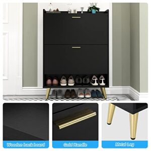 Osfvolr Shoe Cabinet with 2 Flip Drawers, Free Standing Tipping Bucket Shoe Rack Organizer with Top Cubby, Shoe Storage Organizer with Open Shelves for Narrow Closet, Entryway, Black