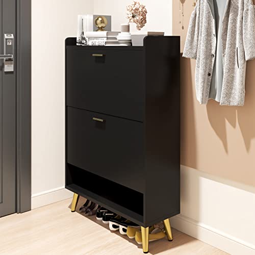 Osfvolr Shoe Cabinet with 2 Flip Drawers, Free Standing Tipping Bucket Shoe Rack Organizer with Top Cubby, Shoe Storage Organizer with Open Shelves for Narrow Closet, Entryway, Black