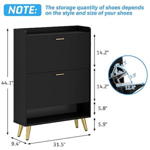 Osfvolr Shoe Cabinet with 2 Flip Drawers, Free Standing Tipping Bucket Shoe Rack Organizer with Top Cubby, Shoe Storage Organizer with Open Shelves for Narrow Closet, Entryway, Black