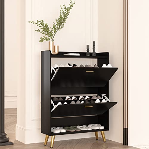 Osfvolr Shoe Cabinet with 2 Flip Drawers, Free Standing Tipping Bucket Shoe Rack Organizer with Top Cubby, Shoe Storage Organizer with Open Shelves for Narrow Closet, Entryway, Black