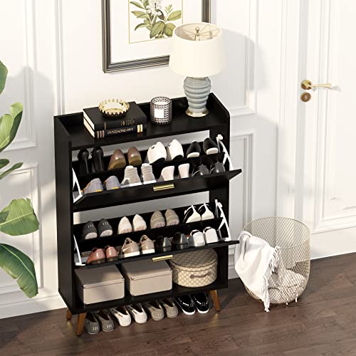 Osfvolr Shoe Cabinet with 2 Flip Drawers, Free Standing Tipping Bucket Shoe Rack Organizer with Top Cubby, Shoe Storage Organizer with Open Shelves for Narrow Closet, Entryway, Black