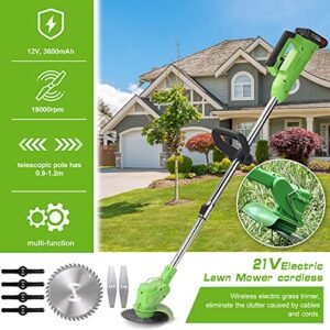 dsfen Electric Lawn Mower Rechargeable Li-ion Battery Cordless Grass Trimmer Auto Release Household Portable Garden Home Trimming Machine for Gardening Green