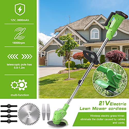 dsfen Electric Lawn Mower Rechargeable Li-ion Battery Cordless Grass Trimmer Auto Release Household Portable Garden Home Trimming Machine for Gardening Green