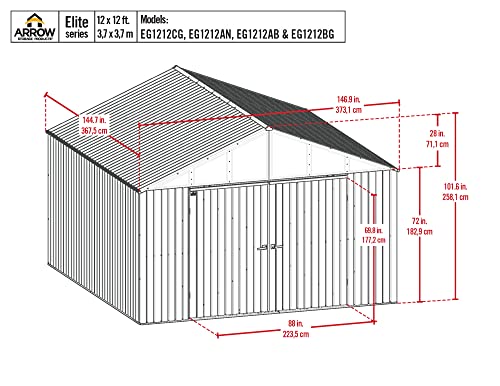 Arrow Shed Elite 12' x 12' Outdoor Lockable Gable Roof Steel Storage Shed Building, Anthracite