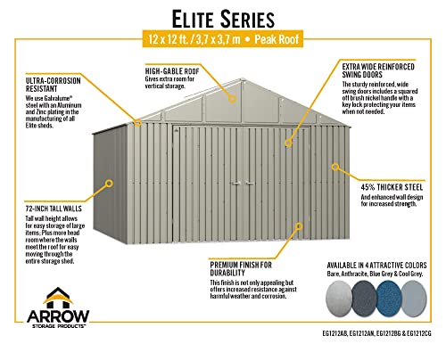 Arrow Shed Elite 12' x 12' Outdoor Lockable Gable Roof Steel Storage Shed Building, Anthracite