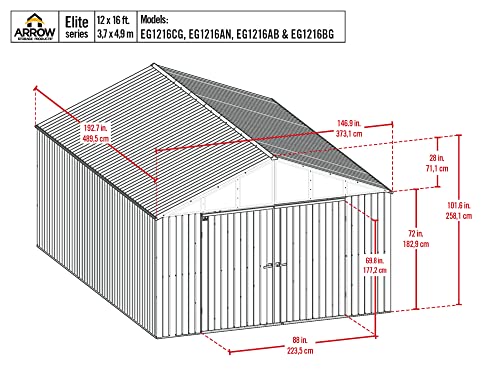 Arrow Shed Elite 12' x 16' Outdoor Lockable Gable Roof Steel Storage Shed Building, Blue Grey