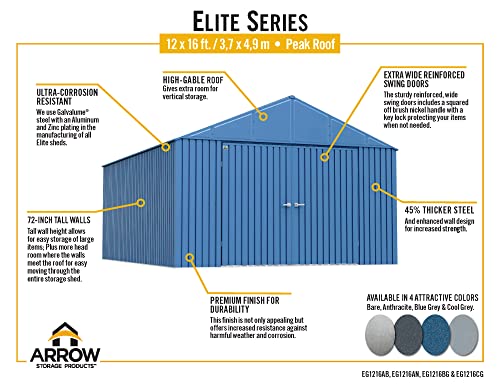 Arrow Shed Elite 12' x 16' Outdoor Lockable Gable Roof Steel Storage Shed Building, Blue Grey