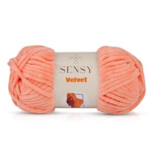 sensy velvet yarn for crocheting, baby blanket yarn, chenille yarn, amigurumi yarn, 3.5 oz, 132 yards, gauge 5 bulky (salmon)
