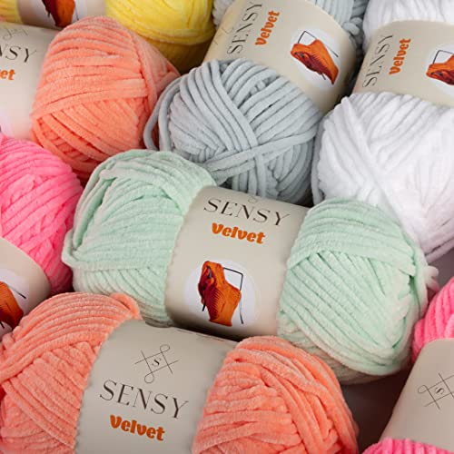 Sensy Velvet Yarn for Crocheting, Baby Blanket Yarn, Chenille Yarn, Amigurumi Yarn, 3.5 oz, 132 Yards, Gauge 5 Bulky (Salmon)