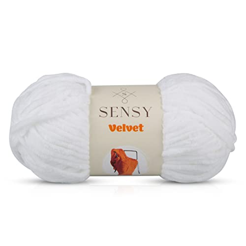 Sensy Velvet Yarn for Crocheting, Baby Blanket Yarn, Chenille Yarn, Amigurumi Yarn, 3.5 oz, 132 Yards, Gauge 5 Bulky (White)