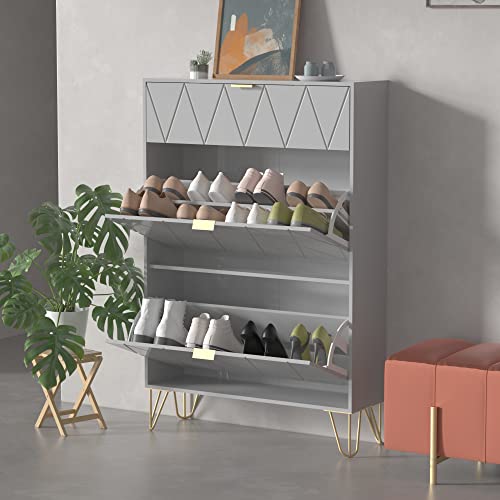 UEV Shoe Cabinet,Freestanding Shoe Rack Storage Organizer with Drawers & Metal Legs,Modern Shoe Storage Cabinet with 3 Flip Drawers for Entryway (Grey)