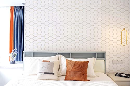 Fiula Gold and White Geometric Wallpaper Peel and Stick Wallpaper Hexagon White Wallpaper 17.3”×78.7”Decorative Shelf Drawer Liner Roll Waterproof