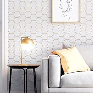 Fiula Gold and White Geometric Wallpaper Peel and Stick Wallpaper Hexagon White Wallpaper 17.3”×78.7”Decorative Shelf Drawer Liner Roll Waterproof