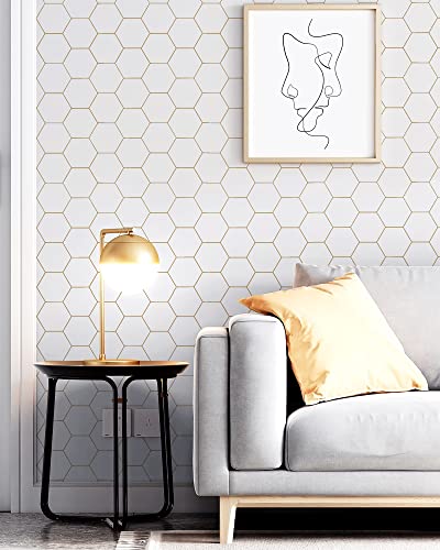 Fiula Gold and White Geometric Wallpaper Peel and Stick Wallpaper Hexagon White Wallpaper 17.3”×78.7”Decorative Shelf Drawer Liner Roll Waterproof