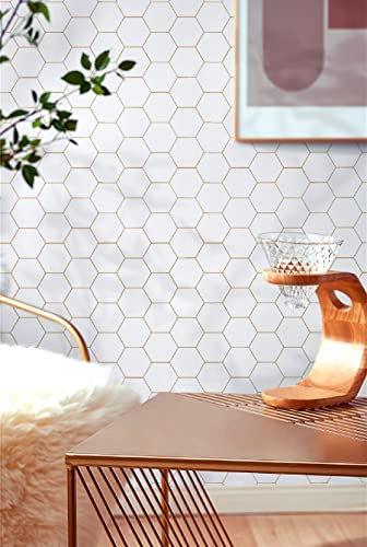 Fiula Gold and White Geometric Wallpaper Peel and Stick Wallpaper Hexagon White Wallpaper 17.3”×78.7”Decorative Shelf Drawer Liner Roll Waterproof