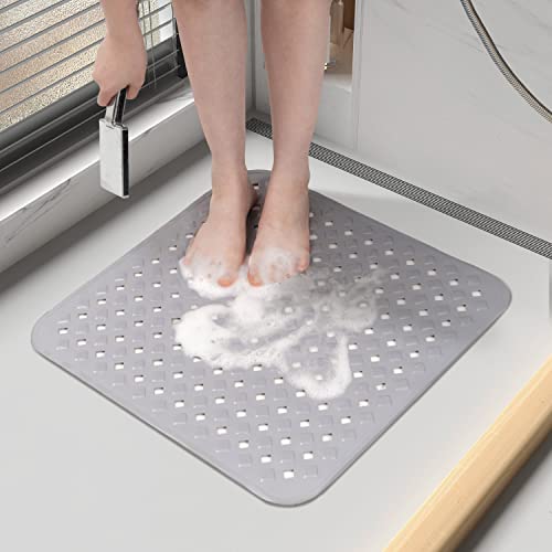 Shower Bathtub Mat Non-Slip, Machine Washable Shower Mat with Suction Cups and Drain Holes Square Bath Tub Mat for Tub or Shower Room for Kids & Elderly 21x21 Grey