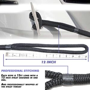 INNOCEDEAR 4 Pack 1/2” X 15’ Dock Lines|Marine-Grade Double-Braided Nylon Dock Line with 12” Eyelet.Hi-Performance Boat Rope Mooring Rope Black Dock Line