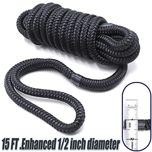 INNOCEDEAR 4 Pack 1/2” X 15’ Dock Lines|Marine-Grade Double-Braided Nylon Dock Line with 12” Eyelet.Hi-Performance Boat Rope Mooring Rope Black Dock Line