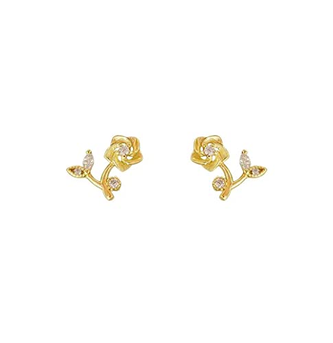 Cute Rose Flower Stud Earrings for Women Teen Girls 925 Sterling Silver Cubic Zirconia Cartilage Tiny Small Studs Earring Dainty Jewerly Birthday Gifts Hypoallergenic (Gold)