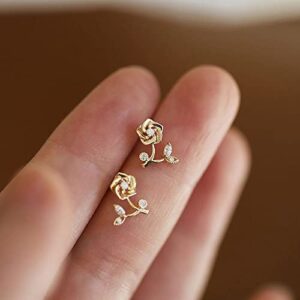 Cute Rose Flower Stud Earrings for Women Teen Girls 925 Sterling Silver Cubic Zirconia Cartilage Tiny Small Studs Earring Dainty Jewerly Birthday Gifts Hypoallergenic (Gold)