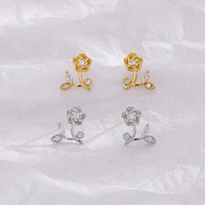 Cute Rose Flower Stud Earrings for Women Teen Girls 925 Sterling Silver Cubic Zirconia Cartilage Tiny Small Studs Earring Dainty Jewerly Birthday Gifts Hypoallergenic (Gold)