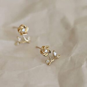 Cute Rose Flower Stud Earrings for Women Teen Girls 925 Sterling Silver Cubic Zirconia Cartilage Tiny Small Studs Earring Dainty Jewerly Birthday Gifts Hypoallergenic (Gold)