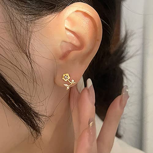 Cute Rose Flower Stud Earrings for Women Teen Girls 925 Sterling Silver Cubic Zirconia Cartilage Tiny Small Studs Earring Dainty Jewerly Birthday Gifts Hypoallergenic (Gold)