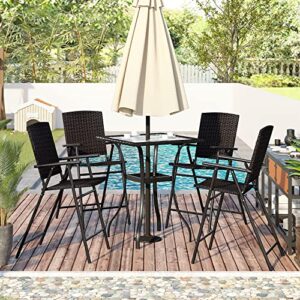 glanzend 5-piece outdoor patio conversation dining set with umbrella hole including 4 pe wicker arm chairs and squre glass-table for garden, poolside, backyard, lawn, brown
