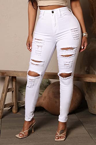 LONGBIDA Skinny Ripped Jeans for Women High Waisted Stretch Butt Lifting Jeans Slim Fit Distressed Denim Pants Pull On Jeggings Jeans(White,XXL)