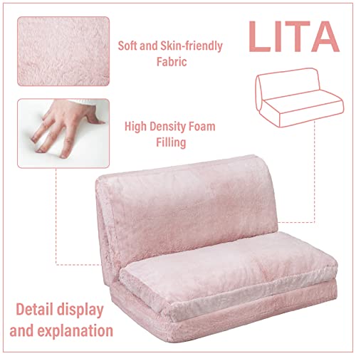 LITA Folding Mattress Sofa, Foldable Double Sofa Bed Foam Filling Convertible Sleeper Sofa Bed Modern Soft Faux Fur Wall Sofa Bed with Removable Cover for Living Room/Apartment/Dorm, Pink