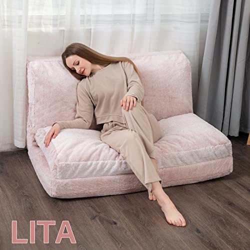 LITA Folding Mattress Sofa, Foldable Double Sofa Bed Foam Filling Convertible Sleeper Sofa Bed Modern Soft Faux Fur Wall Sofa Bed with Removable Cover for Living Room/Apartment/Dorm, Pink