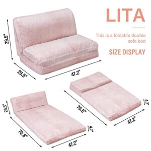 LITA Folding Mattress Sofa, Foldable Double Sofa Bed Foam Filling Convertible Sleeper Sofa Bed Modern Soft Faux Fur Wall Sofa Bed with Removable Cover for Living Room/Apartment/Dorm, Pink