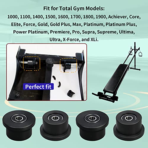 Qty.4 Machined Wheels/Rollers Compatible Total Gym Replacement, Fits Models 1000,1100,1400,1500,1600,1700,1800,1900,Achiever,Force,Gold,Max,Platinum,Platinum Plus,Pro,Supra,Supreme,Ultima,Ultra,XLI