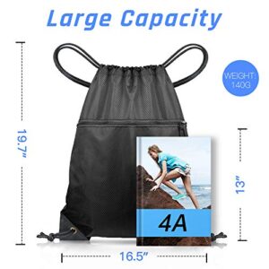 CHEPULA Drawstring Gym Bag, Large Sports Backpack String Swim Drawstring PE Bags for Women Men, Waterproof Travel Beach Bag (Black)