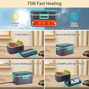 Tlsdosp Electric Lunch Box Food Heater, 75W 1.8L Protable Heated Lunch Box for Adults Work Food Heating, Leak Proof Removable Stainless Steel Container, 12V/24V/110V for Car Truck Home