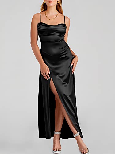 ANRABESS Women Formal Satin Elegant Spaghetti Strap Cowl Neck Bodycon Slit Sexy Prom Cocktail Wedding Guest Maxi Dress Evening Party Graduation Prom Dresses 923heise-S Black