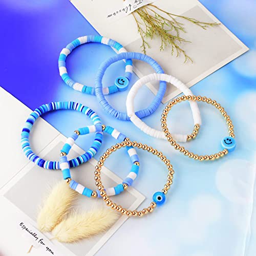 Heishi Surfer Bracelets Set Colorful Preppy Smile Evil Eye Beaded Stretch Bracelets Clay Stackable Boho Disc Party Gifts Y2K Kidcore Aesthetic Summer Beach Bohemian Layering Bracelets Jewelry for Women Teen Girls (A)