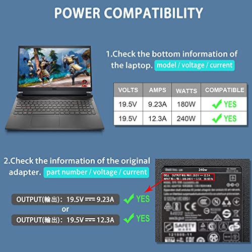 240W 180W Alienware Laptop Charger for Dell Precision 7710 7730 7520, Dell G3 G5 G7 G15 Laptop Charger Power Supply Cord
