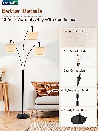 LEDIARY 3 Light Arc Floor Lamp, 82.7" Modern Black Floor Lamp for Living Room, 2400LM Tall Standing Lamp, Mid Century Tree Floor Lamp for Bedroom Office, 3 LED Bulbs Included