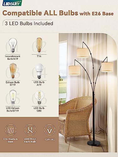 LEDIARY 3 Light Arc Floor Lamp, 82.7" Modern Black Floor Lamp for Living Room, 2400LM Tall Standing Lamp, Mid Century Tree Floor Lamp for Bedroom Office, 3 LED Bulbs Included