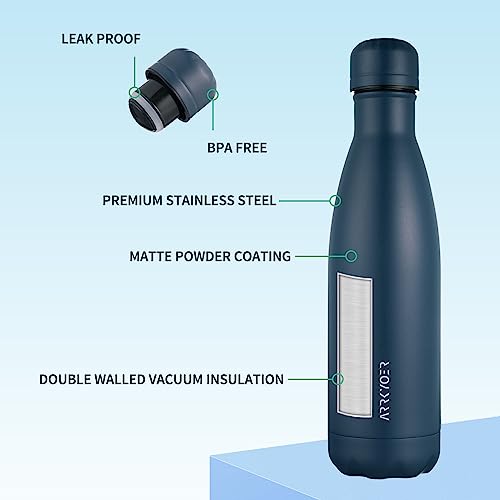 Stainless Steel Insulated Water Bottle, 17oz Metal Thermos Water Bottles, Leak Proof BPA-Free Dishwasher Safe Reusable Flask for Sports Travel, Navy Blue