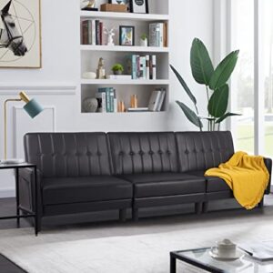 vuyuyu 107/'' futon sofa couch bed, faux leather 3-seater couches for living room, mid-century modern tufted convertible recliner sleeper small space with armrest/side pockets, black-3 seater