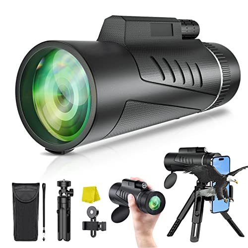 Monocular Telescope for Smartphone, 80x100 High-Power HD Compact Monocular Night Vision, Half Binocular Weight Small Monocular for Adults Hunting Birding Star Sky Watching with Phone Adapter & Tripod