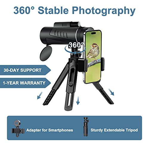 Monocular Telescope for Smartphone, 80x100 High-Power HD Compact Monocular Night Vision, Half Binocular Weight Small Monocular for Adults Hunting Birding Star Sky Watching with Phone Adapter & Tripod